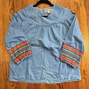 DOLAN Anthropologie Blue Chambray Blue Embroidered Blouse Size Small